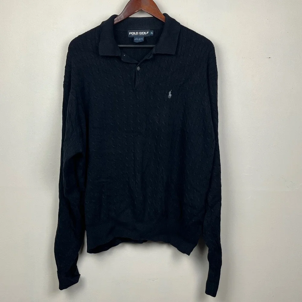 Polo Golf Ralph Lauren Cable Knit Sweater XL Black Quiet Luxury Minimalist